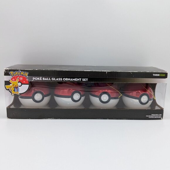 Four 4 Pokemon Poke Ball Christmas Glass Ornament Set Think Geek 2017 - Picture 1 of 5